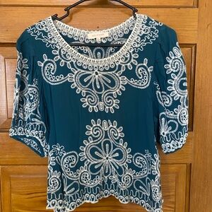 Solitaire Teal and White Embroidered Blouse